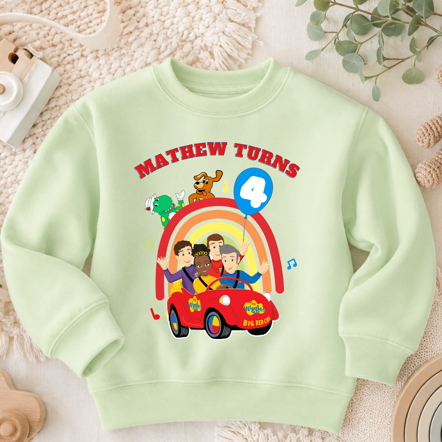 Boys Personalised Wiggles Birthday Sweatshirt with colourful character design, customised with any name and age for a fun boys birthday outfit.