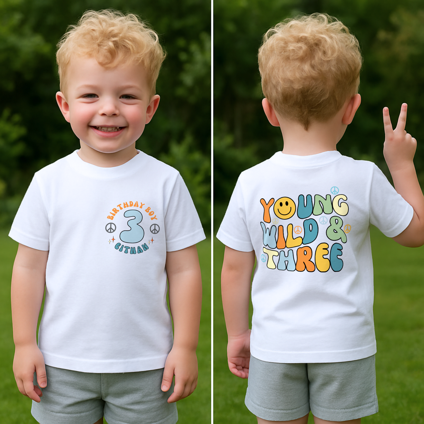 Young Wild and three birthday t-shirt: A boys birthday T-shirt with a Young Wild and Three theme, showcasing a groovy retro style. The front features whimsical retro emojis and the words birthday boy alongside a customisable name on the left breast. The back displays bold retro fonts and graphics for a nostalgic touch. Made from soft, high-quality fabric, this vibrant and playful tee is designed for comfort and style, perfect for third birthdays.
