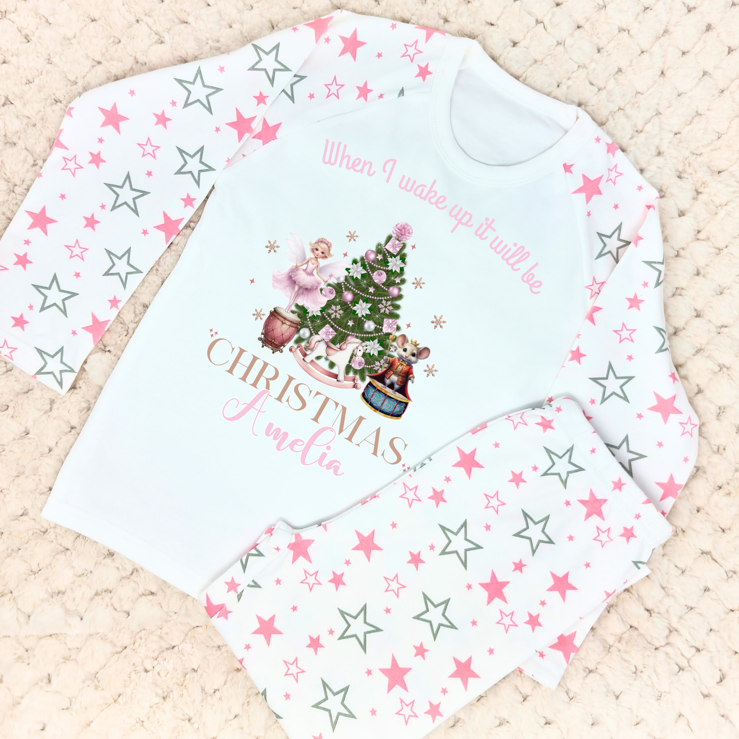 Girls Christmas Pyjamas, Pink Nutcracker Christmas Pyjamas with Personalisation, When I Wake up it will be Christmas