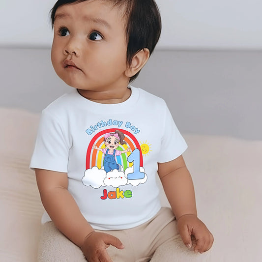 Ms Rachel birthday boy t-shirt: Personalised Ms Rachel birthday boy t-shirt with rainbow, number and name