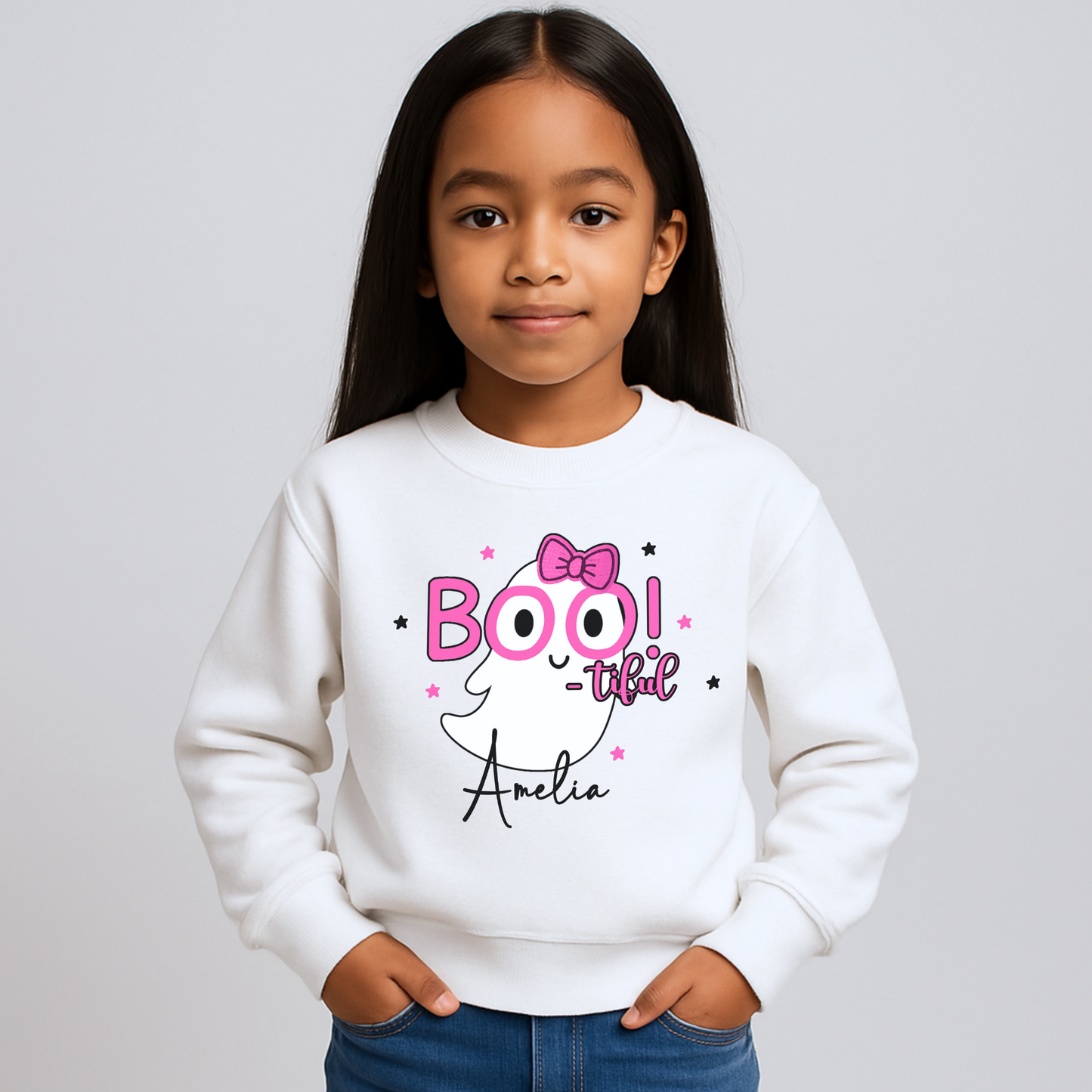 Personalised Halloween sweatshirt for girls - Personalised Halloween sweatshirt for girls with cute ghost “Boo” design in lilac