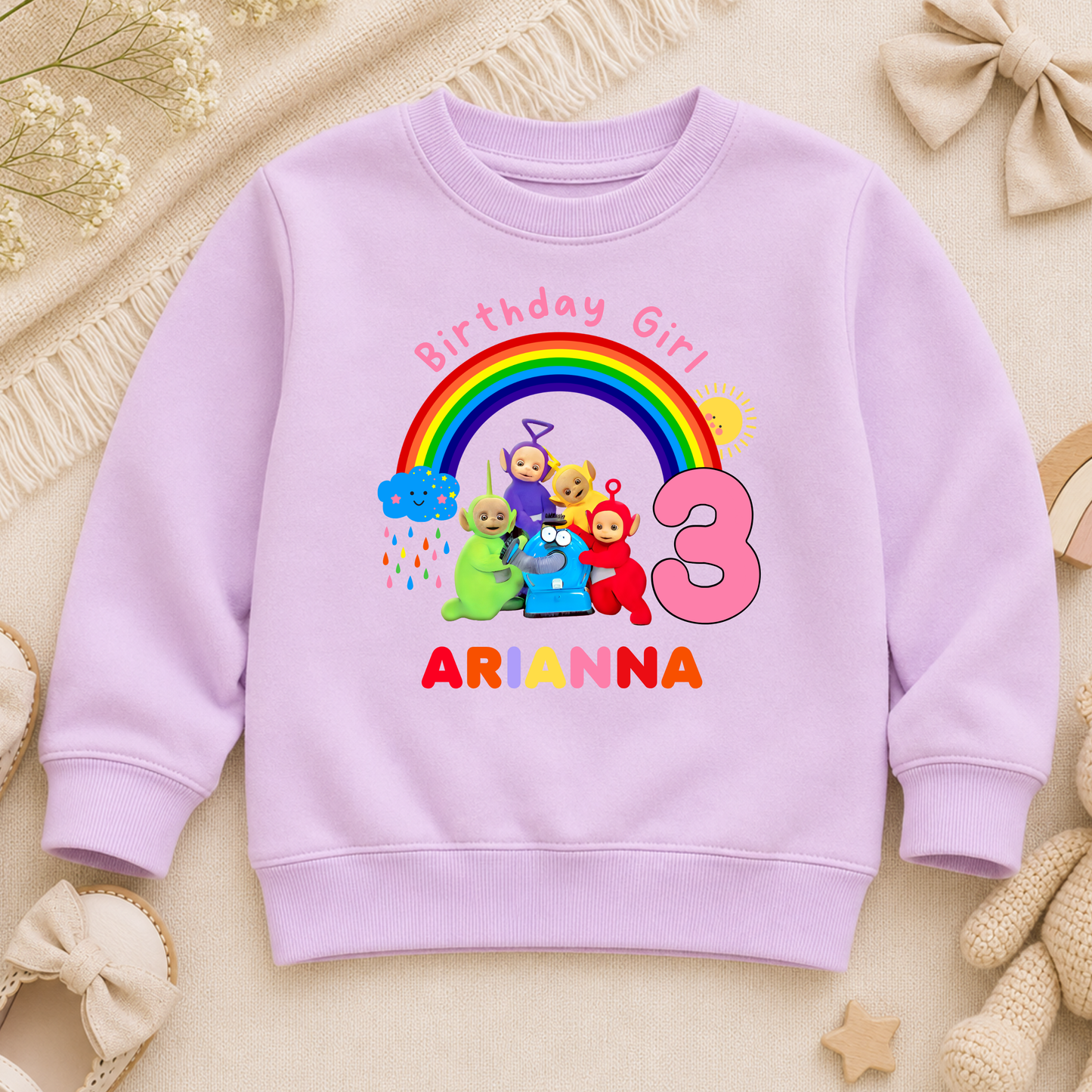 Girls Personalised Teletubbies Birthday Sweatshirt: Personalised Teletubbies Birthday, custom name sweatshirt. Personalised 1st 2nd 3rd birthday