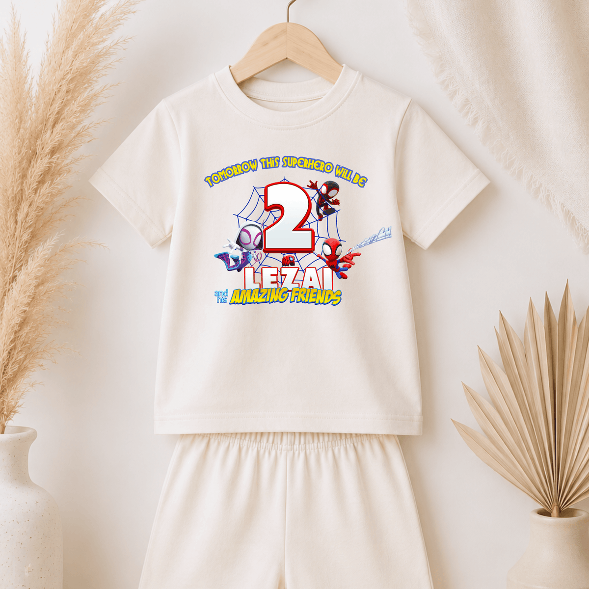 Personalised Spidey Short Birthday Pyjamas for Boys with custom name and age superhero birthday design on soft short sleeve children's pyjama set.