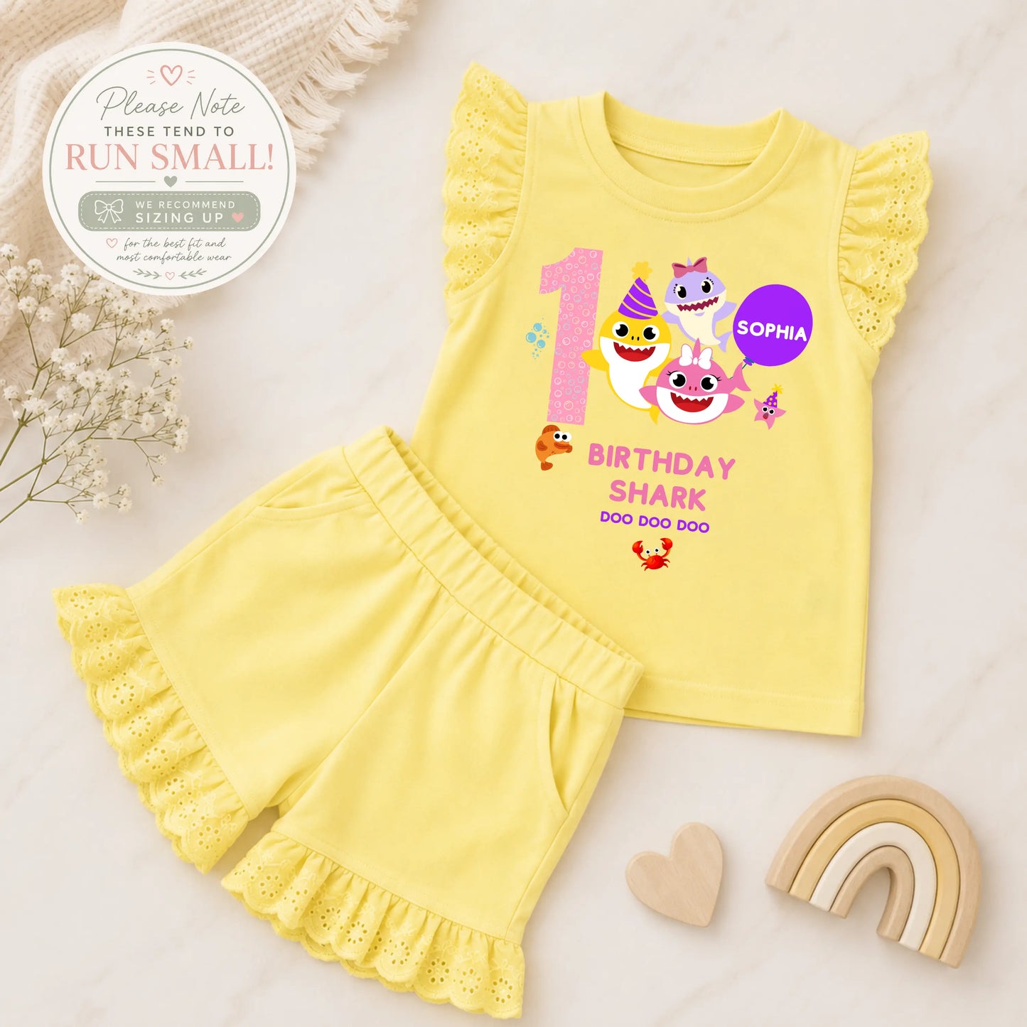 Personalised Baby Shark Birthday Outfit for Girls – Birthday Shark Frilly Top and Shorts Set AishaBaileyDesigns