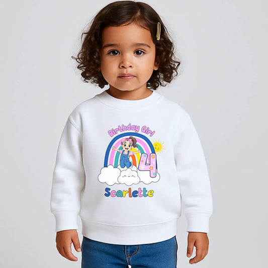 Ms Rachel birthday sweatshirt with custom name and age. Girls birthday gift