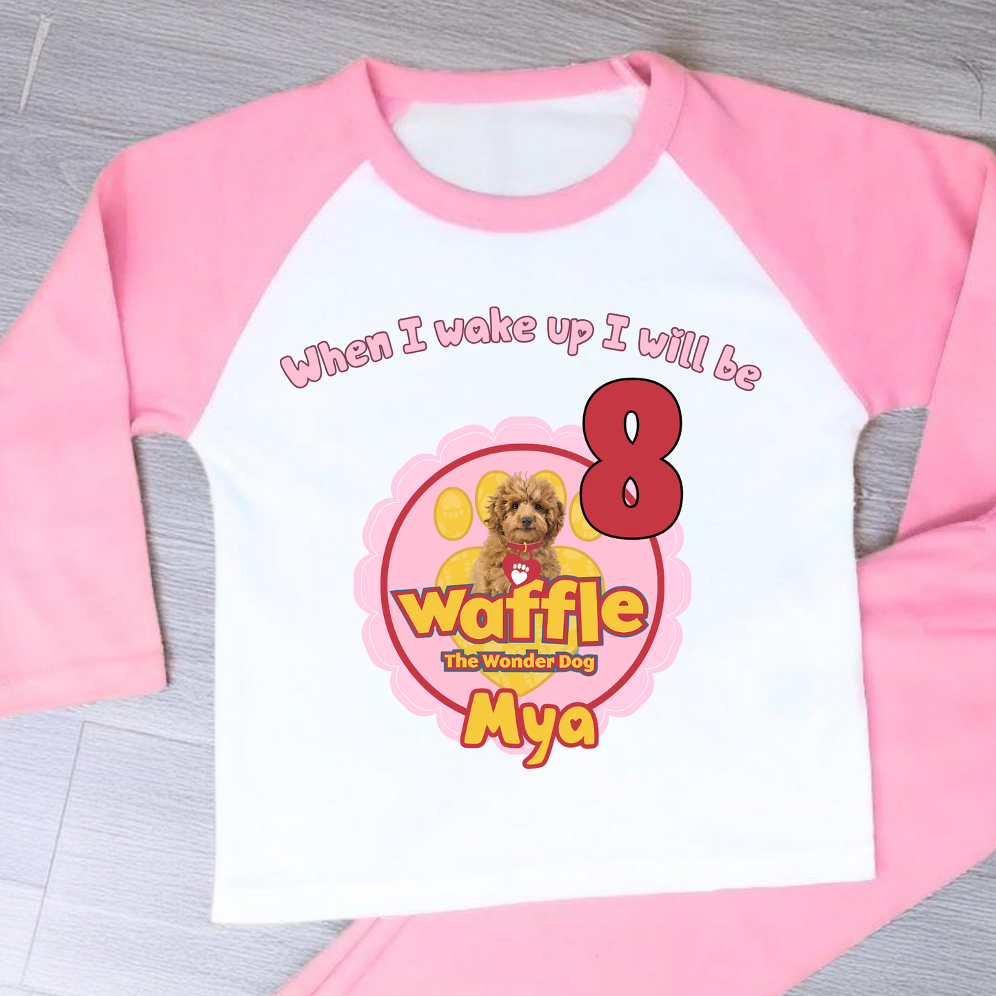 waffle birthday pyjamas, when i wake up waffle, girls waffle the wondedog, custom name pyjamas