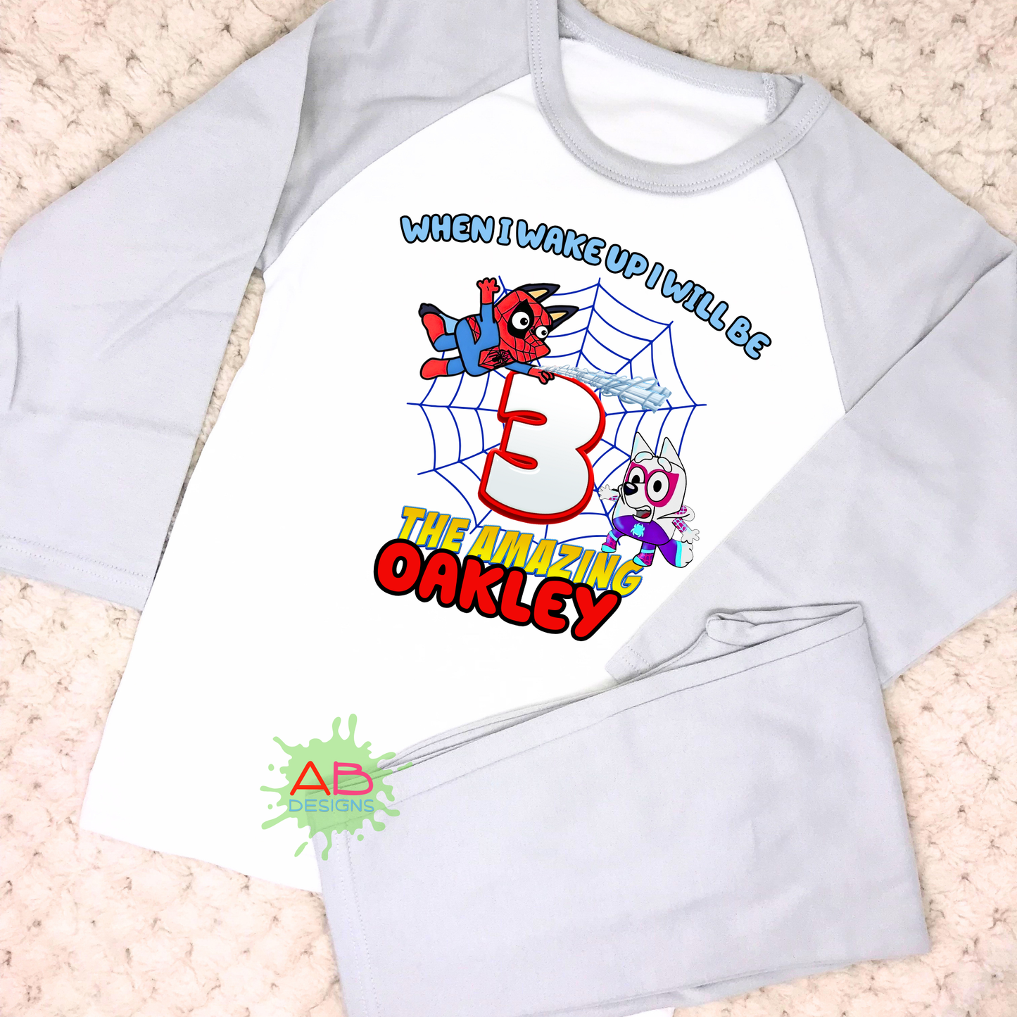 Spidey Bluey Birthday Pyjamas, When I wake up Spidey, when I wake up Bluey, Spidey Bluey with name