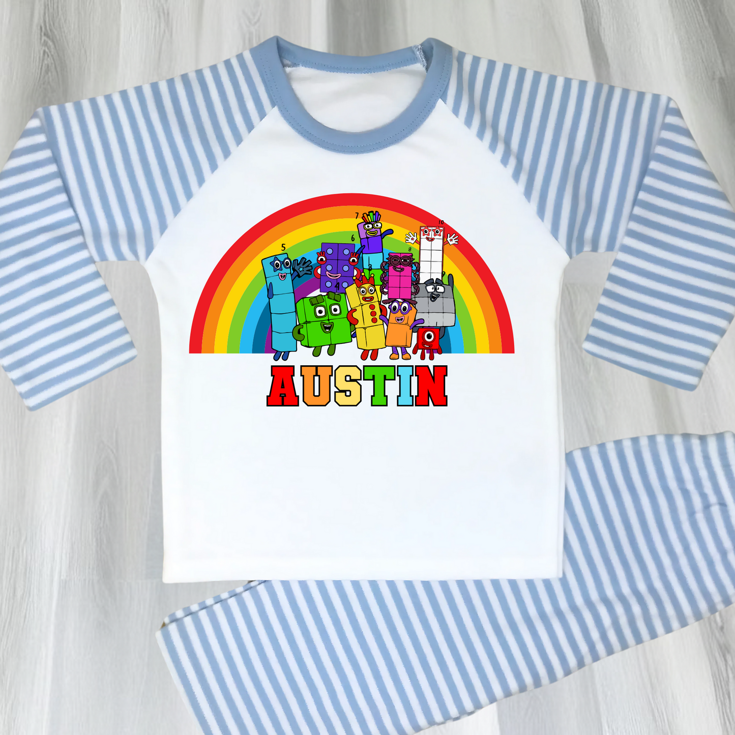Numberblocks personalised pyjamas, numberblocks custom pjs, numberblocks with name, boys numberblocks pjs