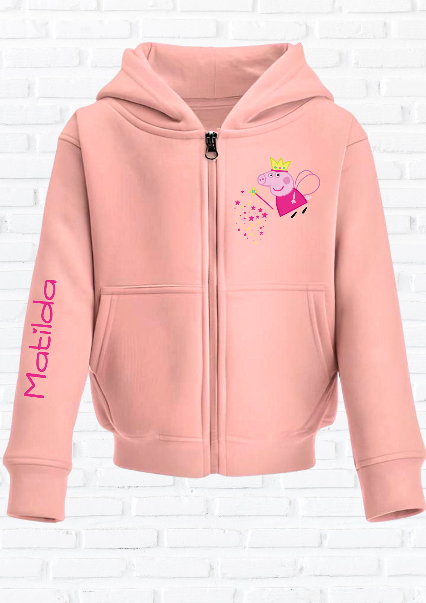 Personalised Girls Peppa Pig White Hoodie, Printed on Arm, Girls Custom Birthday Hoodie, Kids Oversized Hoodie, custom Zip up hoody, peppa hoodie with name