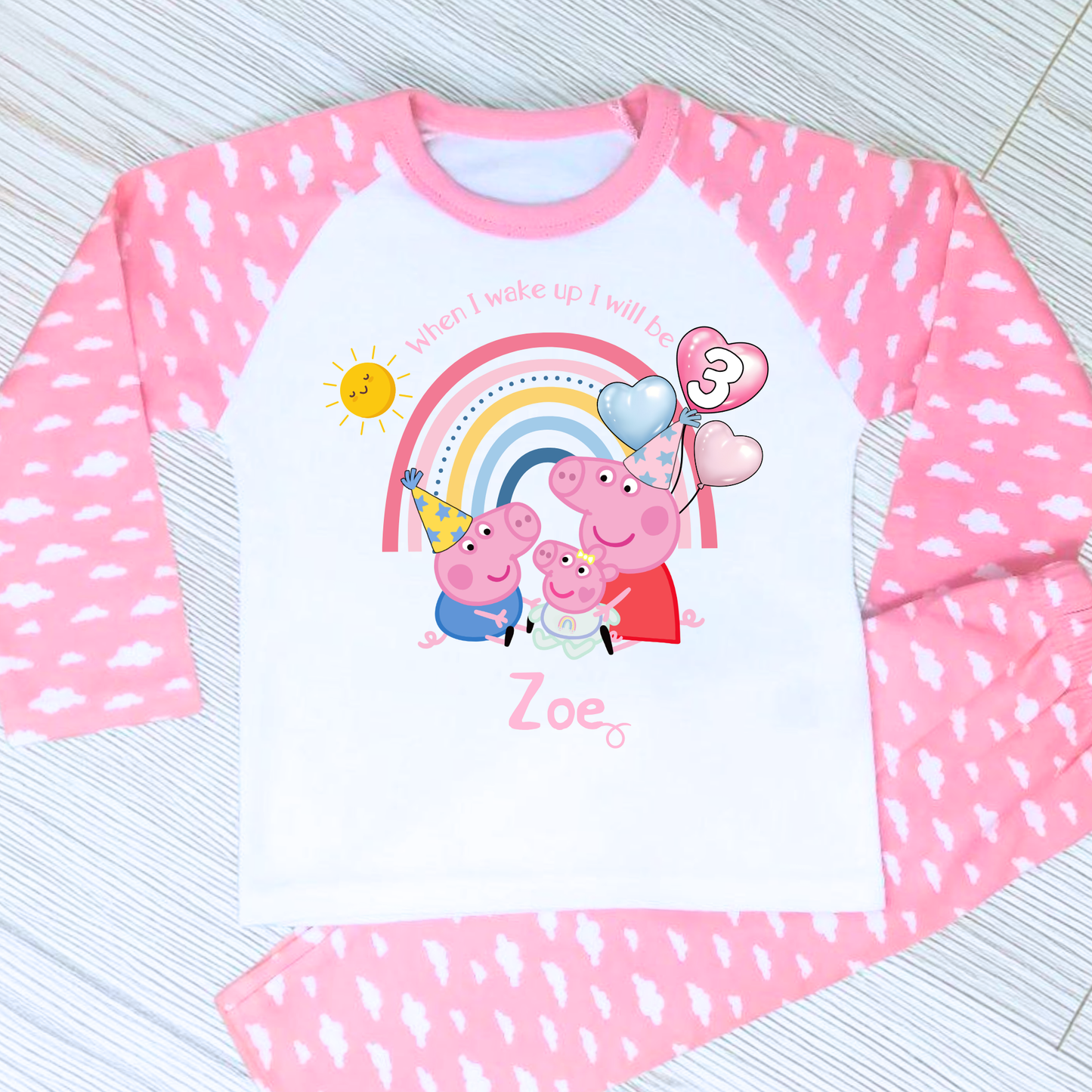 Personalised girls Peppa Pig Birthday Pyjamas featuring Peppa, George, and baby sister Evie; soft cotton; vibrant design; ideal birthday gift; peppa pigs sibling, peppa's baby sister