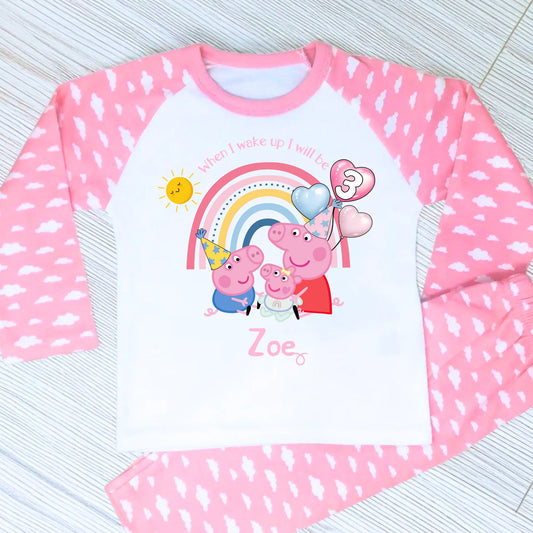 Personalised girls Peppa Pig Birthday Pyjamas featuring Peppa, George, and baby sister Evie; soft cotton; vibrant design; ideal birthday gift; peppa pigs sibling, peppa's baby sister