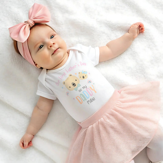 Baby Girls Personalised Teddy Bear 1st Father's Day Outfit: Sleepsuit, Vest, T-Shirt or Bib AishaBaileyDesigns