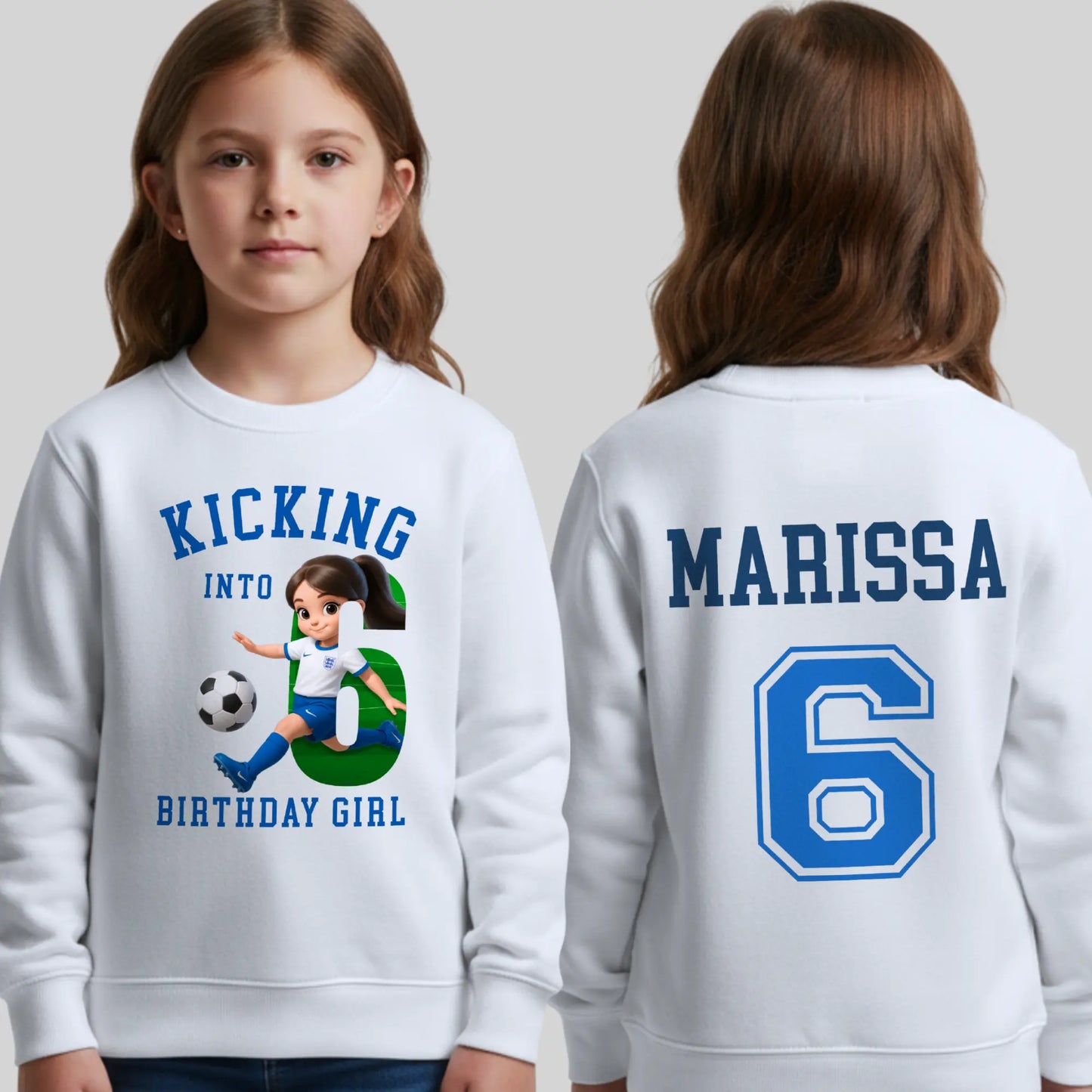 Football Birthday Sweatshirt: Personalised White birthday sweatshirt with soccer-themed design and text, worn by a girl. Lioness inspired. England themed.