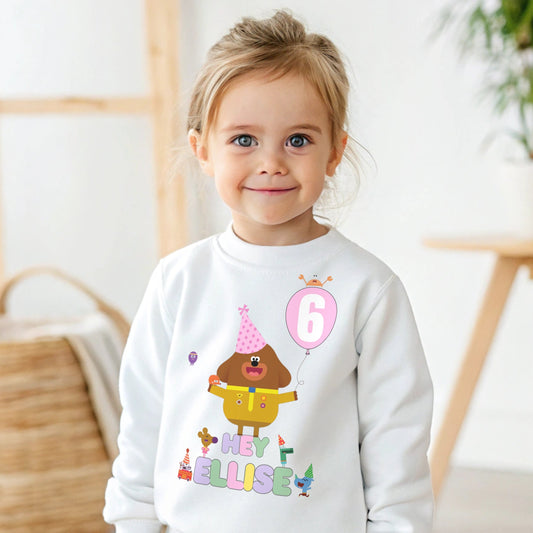 Hey Duggee Birthday Sweatshirt - Girls Personalised Hey Duggee Pink Bday Jumper, Girls personalised hey duggee, dey duggee pink balloon, pink balloon birthday, hey duggee personalised birthday sweatshirt jumper