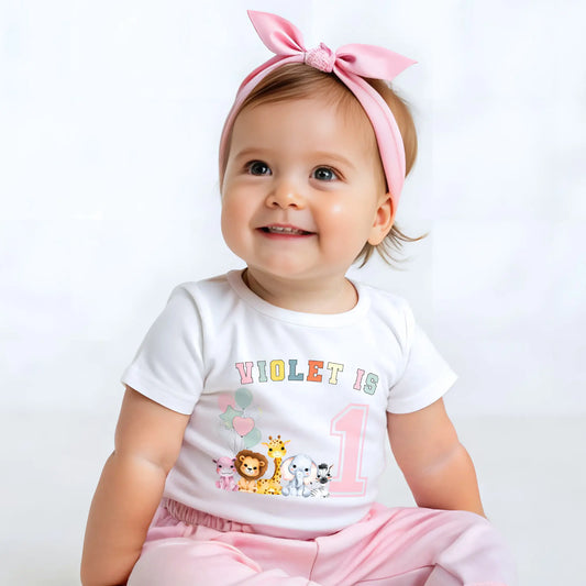 Personalised safari birthday t-shirt for girls with jungle animals, Custom girls jungle animal birthday shirt with name and age