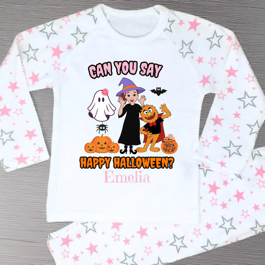 Girls personalised Ms Rachel Halloween pyjamas with “Can You Say Happy Halloween?” design and child’s name