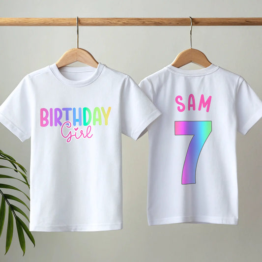 Personalised Girls' Vibrant Rainbow Birthday Girl T-shirt, Vibrant Pink Unicorn Rainbow Birthday Shirt, Custom Rainbow Girl Birthday Shirt
