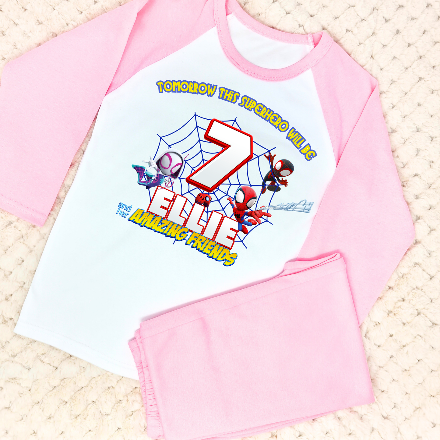 Spidey birthday pyjamas, when i wake up spidey, spidey and his amazing friends, spidey for girls personalised, girls superhero pjs