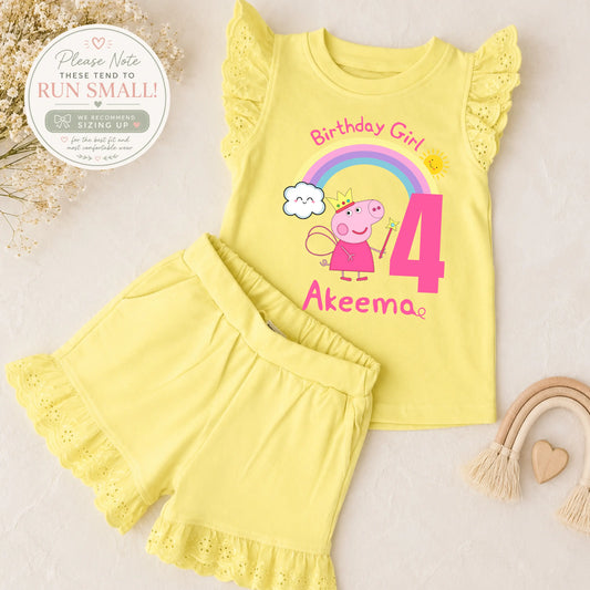 Personalised Peppa Pig Birthday Outfit for Girls – Frilly Top and Shorts Set with Name & Age AishaBaileyDesigns