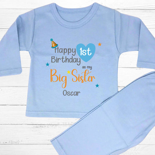 Personalised sibling birthday clothing featuring big sister first birthday pyjamas with custom name, perfect for matching sibling birthday outfits.