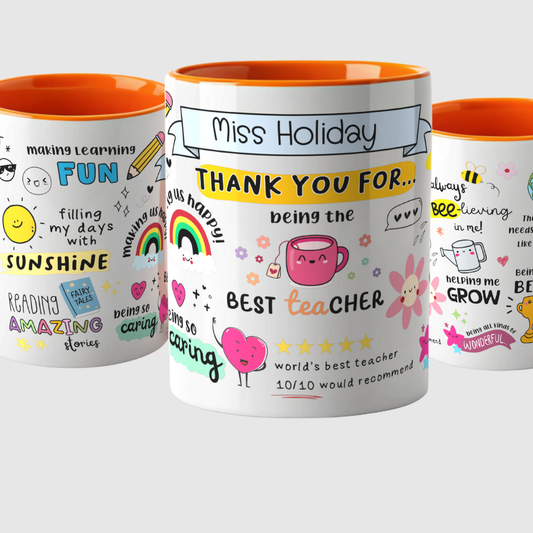Personalised teacher mug: A personalised Thank You mug crafted for teachers, teaching assistants, or dinner ladies. It features bright colours and positive affirmations in a vibrant rainbow palette. The top of the mug displays the teacher's name in a scroll. It showcases delightful doodle illustrations and quotes highlighting the teacher's best qualities. Ideal as a teacher appreciation gift, personalized teacher mug, custom teacher gift, or thank you gift.