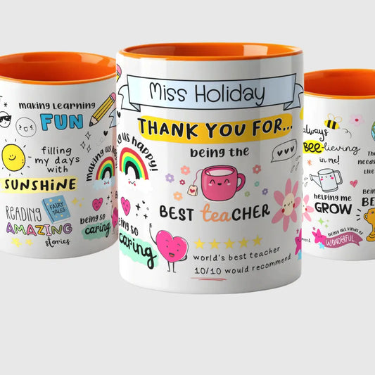 Personalised teacher mug: A personalised Thank You mug crafted for teachers, teaching assistants, or dinner ladies. It features bright colours and positive affirmations in a vibrant rainbow palette. The top of the mug displays the teacher's name in a scroll. It showcases delightful doodle illustrations and quotes highlighting the teacher's best qualities. Ideal as a teacher appreciation gift, personalized teacher mug, custom teacher gift, or thank you gift.