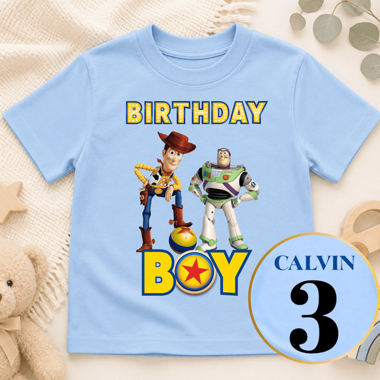 Personalised Buzz and Woody Birthday T-Shirt with child’s name and age, featuring a colourful Toy Story design for boys celebrating their special day.