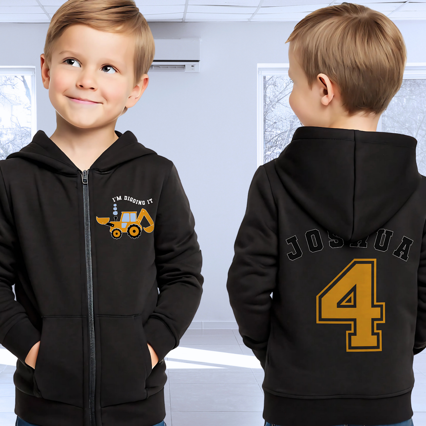 Boys Digger Hoodie: kids personalised zip-up hoodie featuring a playful construction theme. The back of the hoodie showcases the childs name and number in a varsity font. On the front is a vibrant print of a digger or tractor with the words I am Digging it, adding a fun touch for young construction enthusiasts. Great for toddler birthday gifts, graphic hoodie for boys, birthday gift, Name and Number Hoodie for Kids.