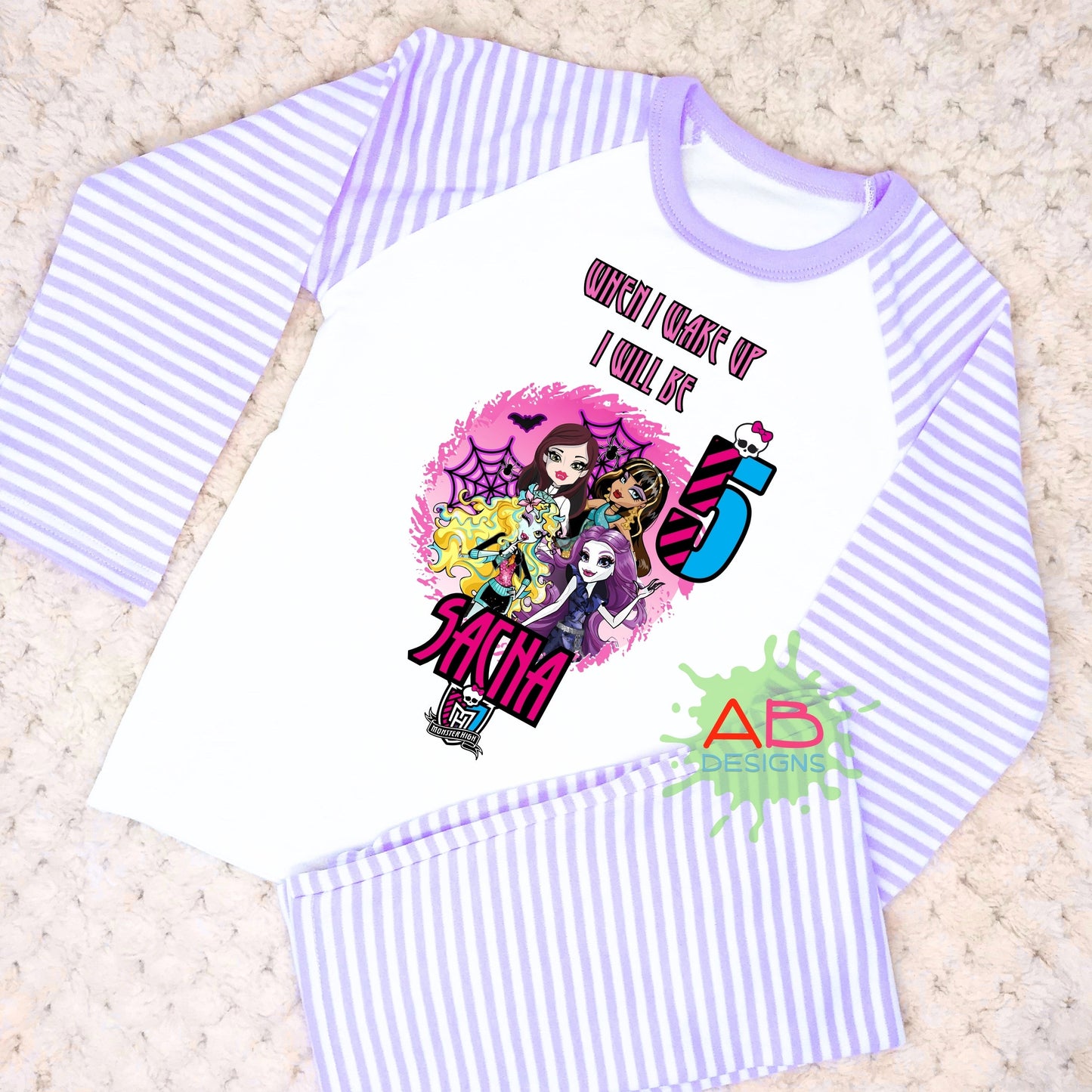 Monster high birthday pyjamas, Girl birthday PJs, Pink Monster High Girl pyjamas, Personalised Birthday PJS Monster Gothic Girl pyjamas, When I wake up monster high