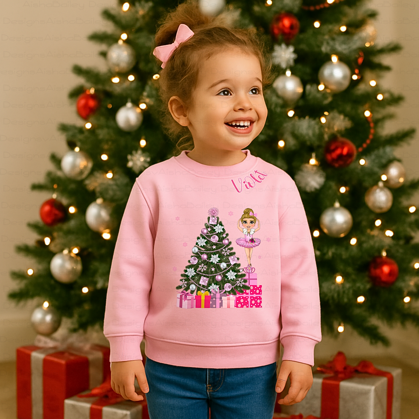 Personalised Christmas sweatshirt with ballerina customised to match child’s features, festive kids jumper, Christmas Jumper Day