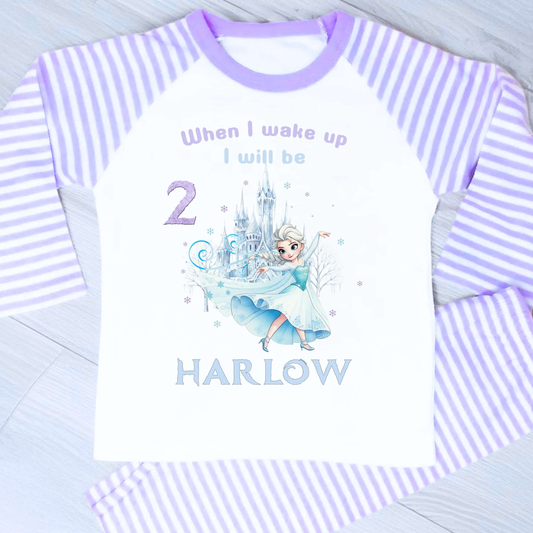 Frozen Elsa Birthday Pyjamas for Girls Personalised with Name & Age: Raglan & White Frilly PJs AishaBaileyDesigns