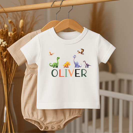 personalised dinosaur t-shirt, toddler shirt with name, custom t-shirt for boys, custom dinosaur top, custom name shirt