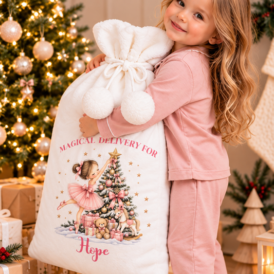 Personalised Christmas Stocking: Ballerina Christmas Stocking and Santa Sack featuring pink tutu dancer, decorated Christmas tree, teddy bear and rocking horse.