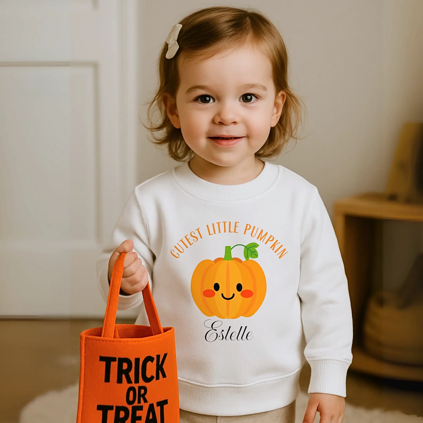 Personalised halloween sweatshirt: Toddler wearing a personalised Halloween pumpkin sweatshirt that says "Cutest Little Pumpkin", Personalised Halloween Jumper, Toddler pumpkin jumper