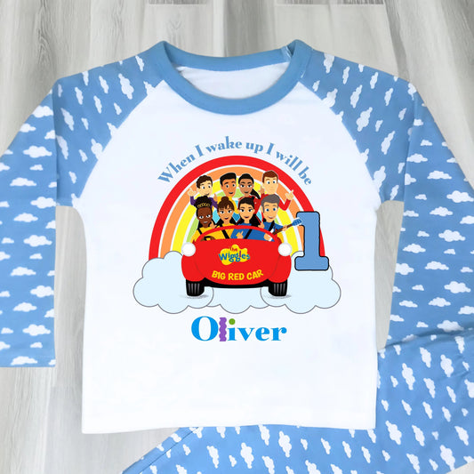 Personalised The Wiggles birthday pyjamas for boys with custom name and age, Big Red Car design.