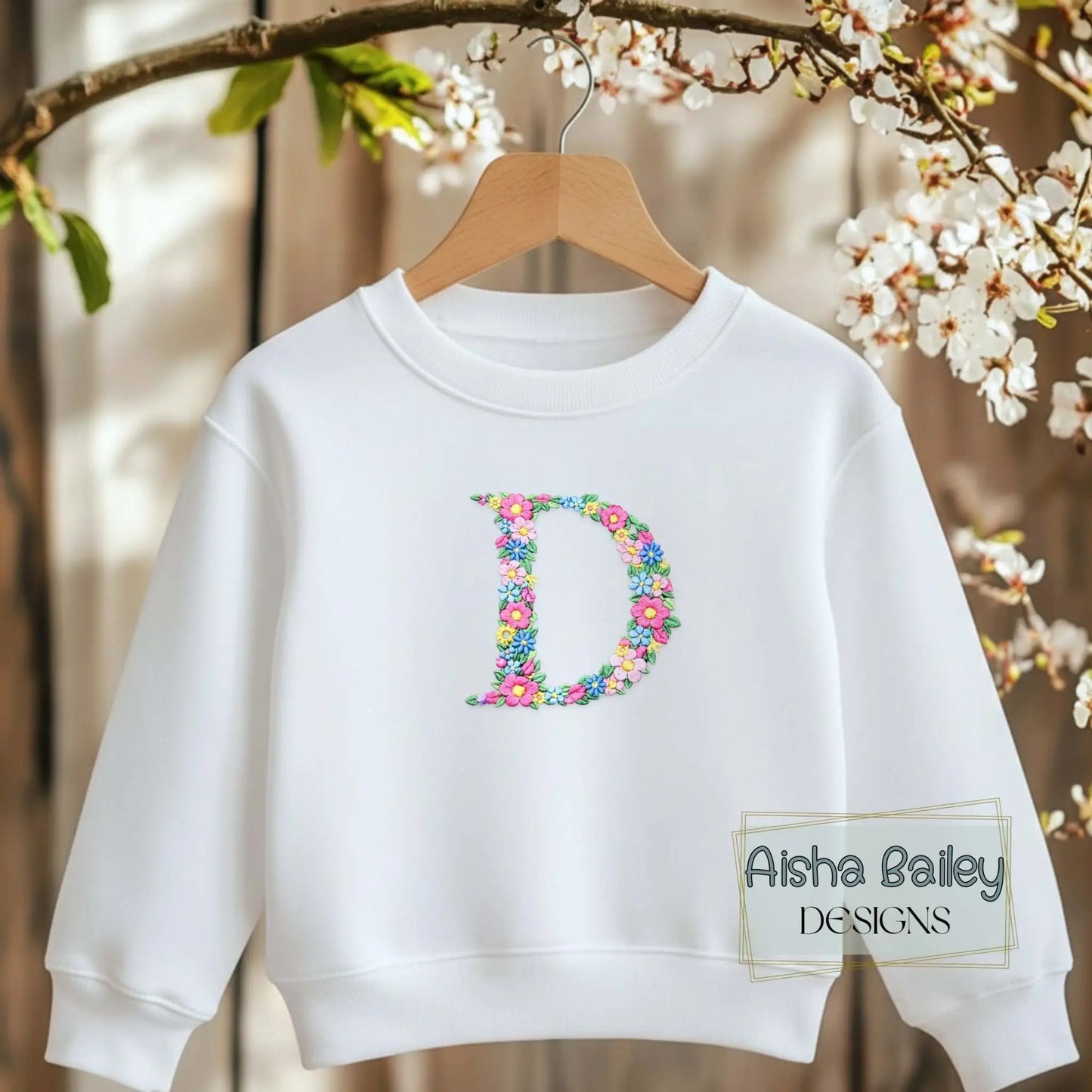 Personalised Embroidered Sweatshirt for girls with embroidered initial in pastal colours and floral