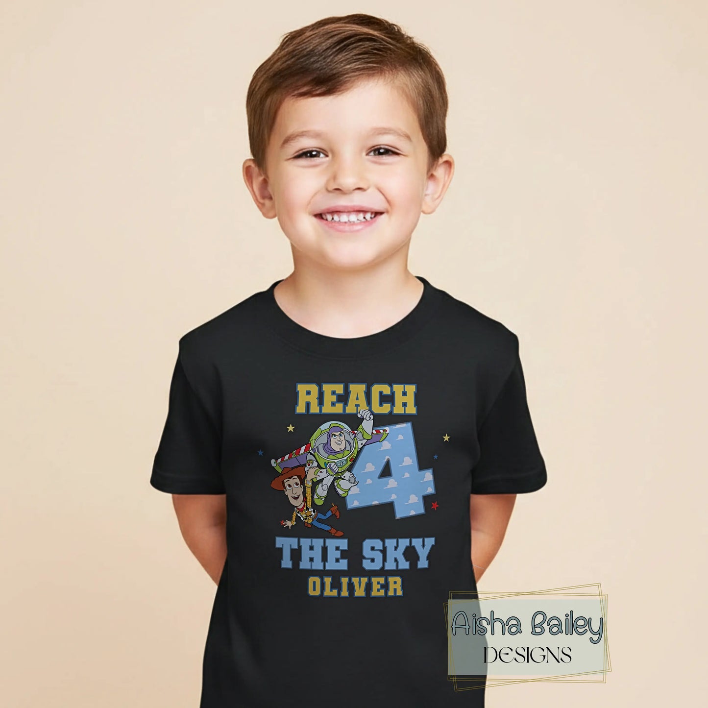 Personalised Toy Story birthday t-shirt for boys 4th birthday with custom name reach 4 the sky design