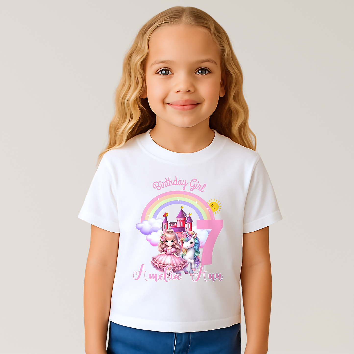 Princess Unicorn Birthday T-Shirt: A white T-shirt featuring a whimsical design of a Princess, unicorn and rainbow, perfect for a girl's birthday celebration. The shirt is personalized with the child's name, offering a unique keepsake. It's crafted from soft, high-quality fabric for comfort and style, making any young girl feel like a princess on her special day. Perfect princess gift, personalised princess tee, custom name shirt, Birthday Girl Princess tshirt.