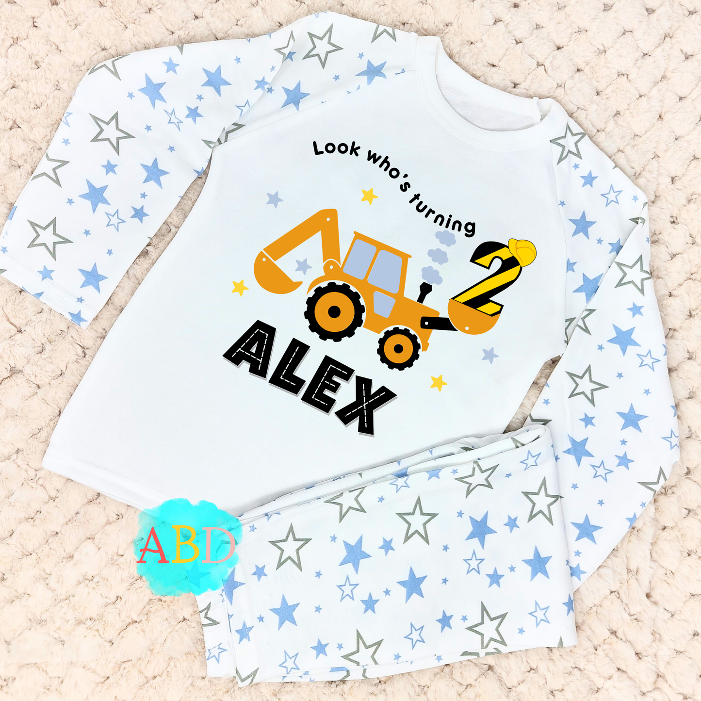Digger birthday pyjamas, when i wake up construction digger, personalised pjs boys, boys birthday pyjamas, pajamas with name age