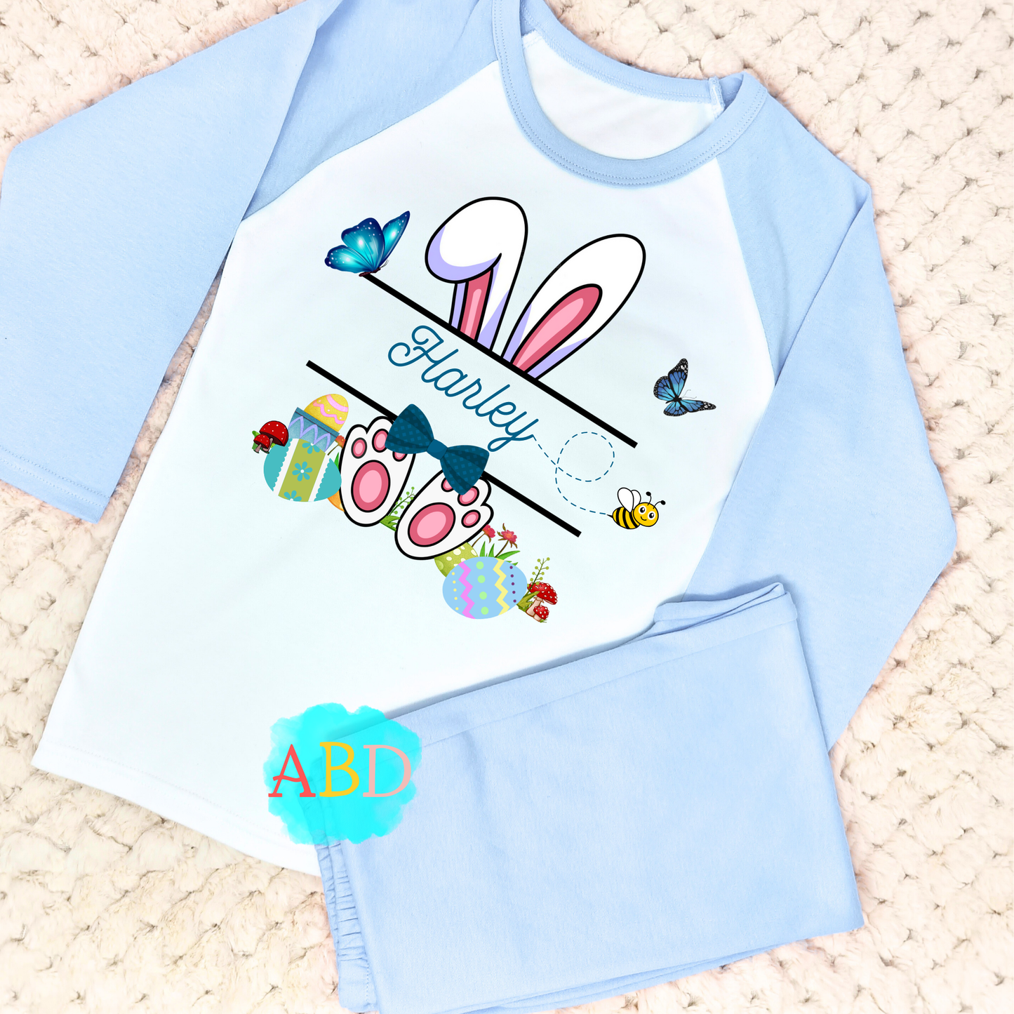 Personalised Easter pyjamas, baby sleepwear, White Rabbit pajama set, cute children's pajamas, personalised easter sleepwear, Easter celebration outfits, Easter bunny pjs with name
