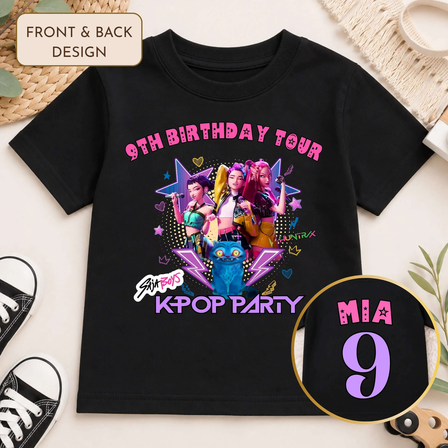 Personalised Kpop Demon Hunters Birthday T-Shirt for Girls with colourful front design and custom name and age printed on the back.
