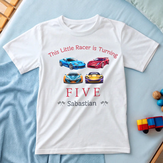 Little Racer Birthday T-shirt, Personalised Boys Racing Car Birthday T-Shirt, Cotton Little Racer Shirt for Boys, Sports Car Party Outfit, Little Racer Birthday Tee