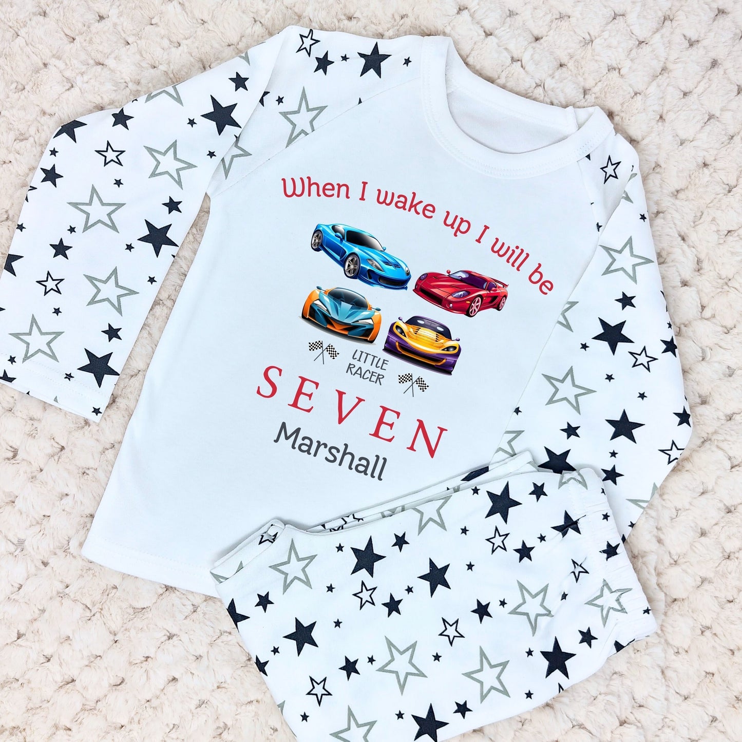 Race Car Birthday Pyjamas | Personalised Boys' Sportscar Racer PJs, Car Birthday pyjamas, two fast pjs, hot wheels birthday pyjamas, boys sportscar pyjamas