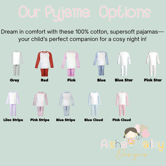Girls custom pyjama service, personalised pyjamas, any text any design, personalised pyjamas, girls custom pyjama service, birthday pyjamas, design your own pjs