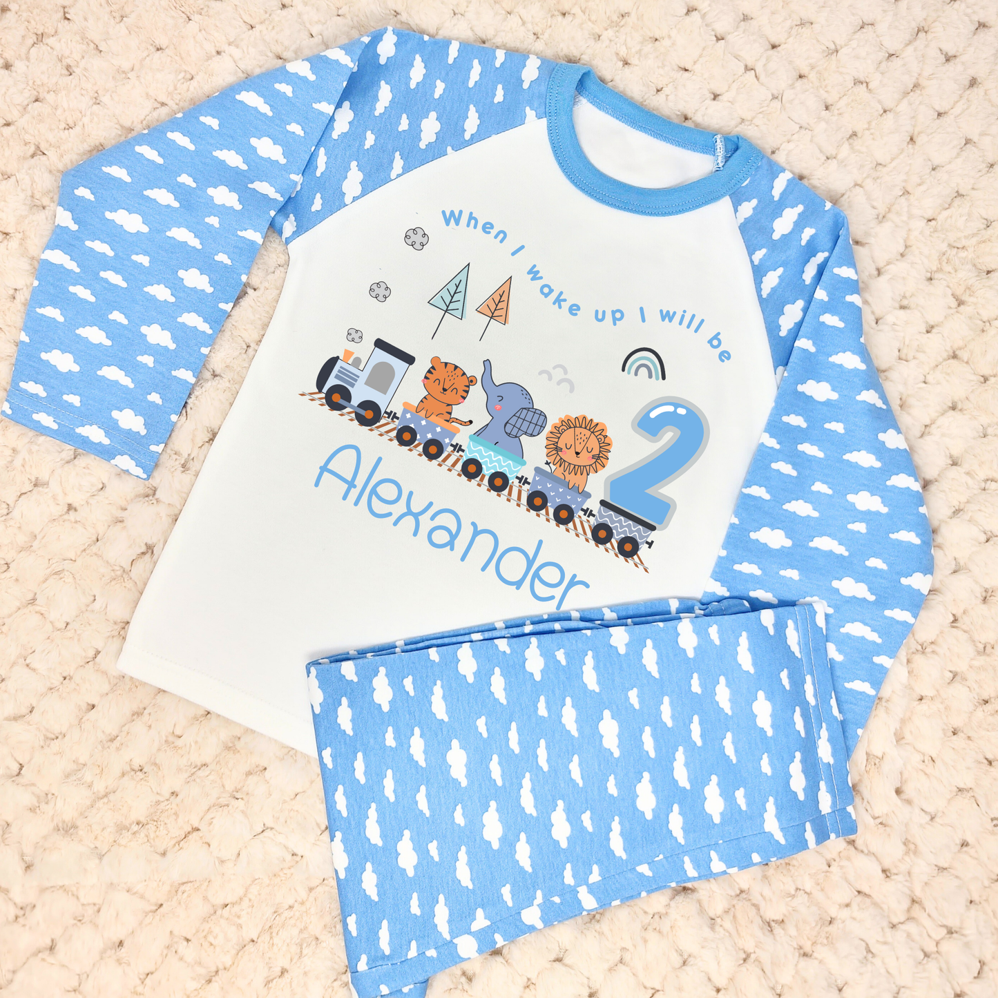 Safari Birthday Pyjamas for Boys - Personalised Safari Animal Train PJs, When I wake up jumgle theme, safari birthday pjs, wild one birthday pajamas