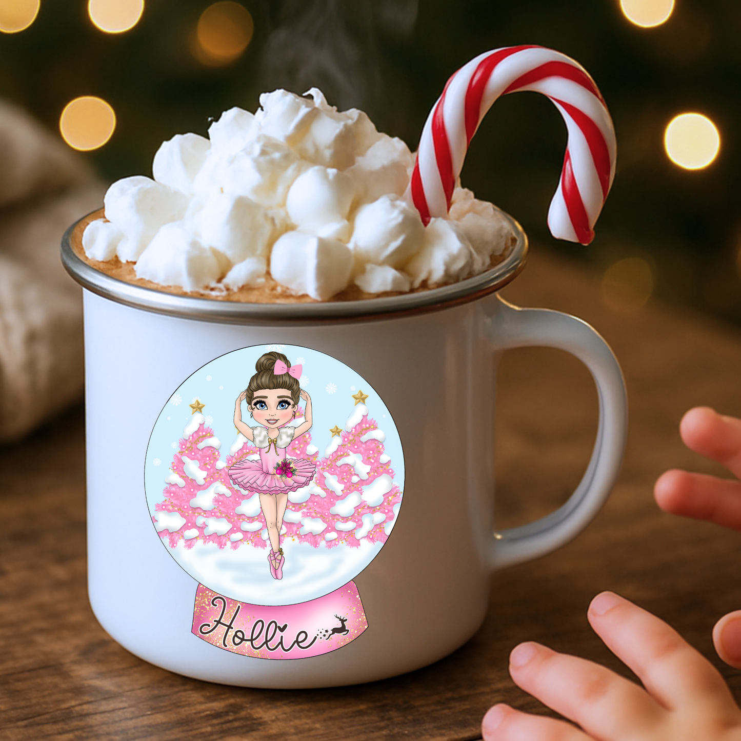 Girls Christmas Mug personalised with ballerina snow globe design and child’s name, stocking filler mug, kids christmas hot chocolate