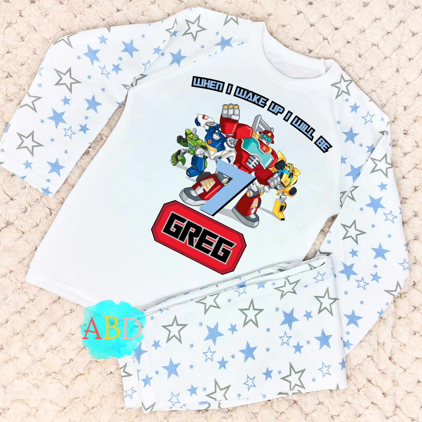 Transformers Birthday Pyjamas for Boys: Customised Transformers Birthday PJs, Rescue bots pjs, boys transformer birthday, robot birthday pjs