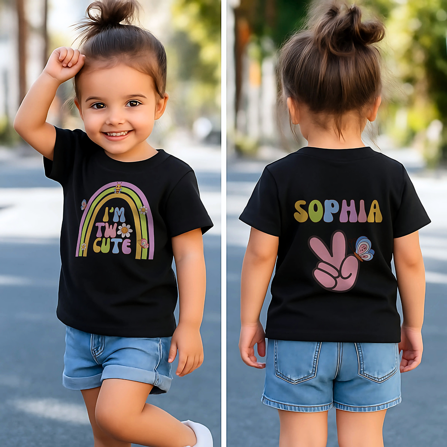 Two cute birthday t-shirt: An adorable birthday T-shirt for two year old girls featuring a whimsical boho retro rainbow on the front, complemented by nostalgic retro emojis and a groovy font. Crafted from soft, high-quality fabric for comfort, this vibrant tee is perfect for standing out during birthday celebrations or casual outings. 2nd birthday outfit