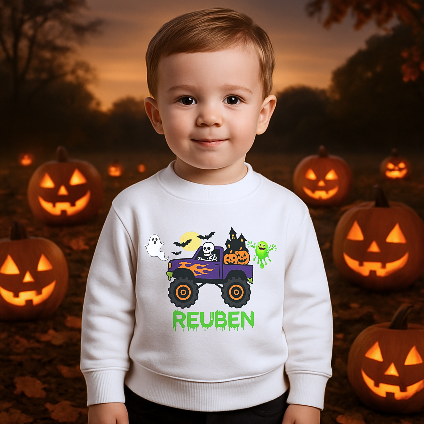 Personalised Halloween Sweatshirt, Halloween Monster Truck Sweatshirt with ghost, pumpkins, and personalized name for kids