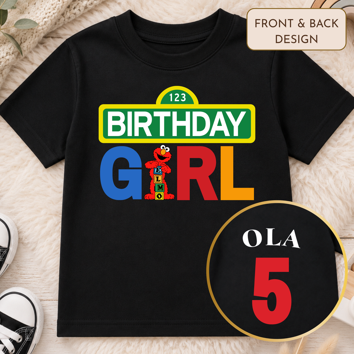 Personalised Elmo Birthday t-shirt for Girls, Any Name and Age